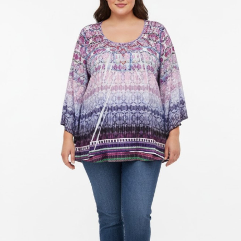 One World Blouse Size 1x Purple Abstract Boho Embellished Soft Comfy Festival